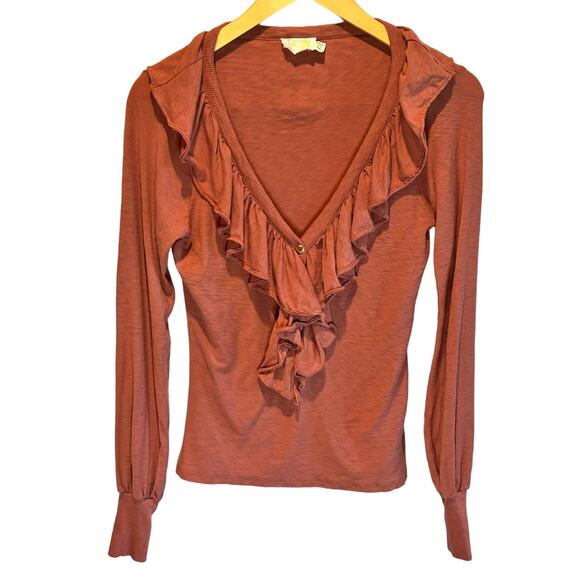 Nation LTD Lelita Dusty Pink Ruffle Front Long Sleeve Tee - size XS - Picture 2 of 7